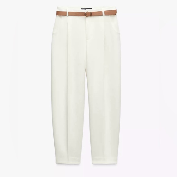 PLEATED BELTED PANTS- OYSTER-WHITE - Picture 5 of 6